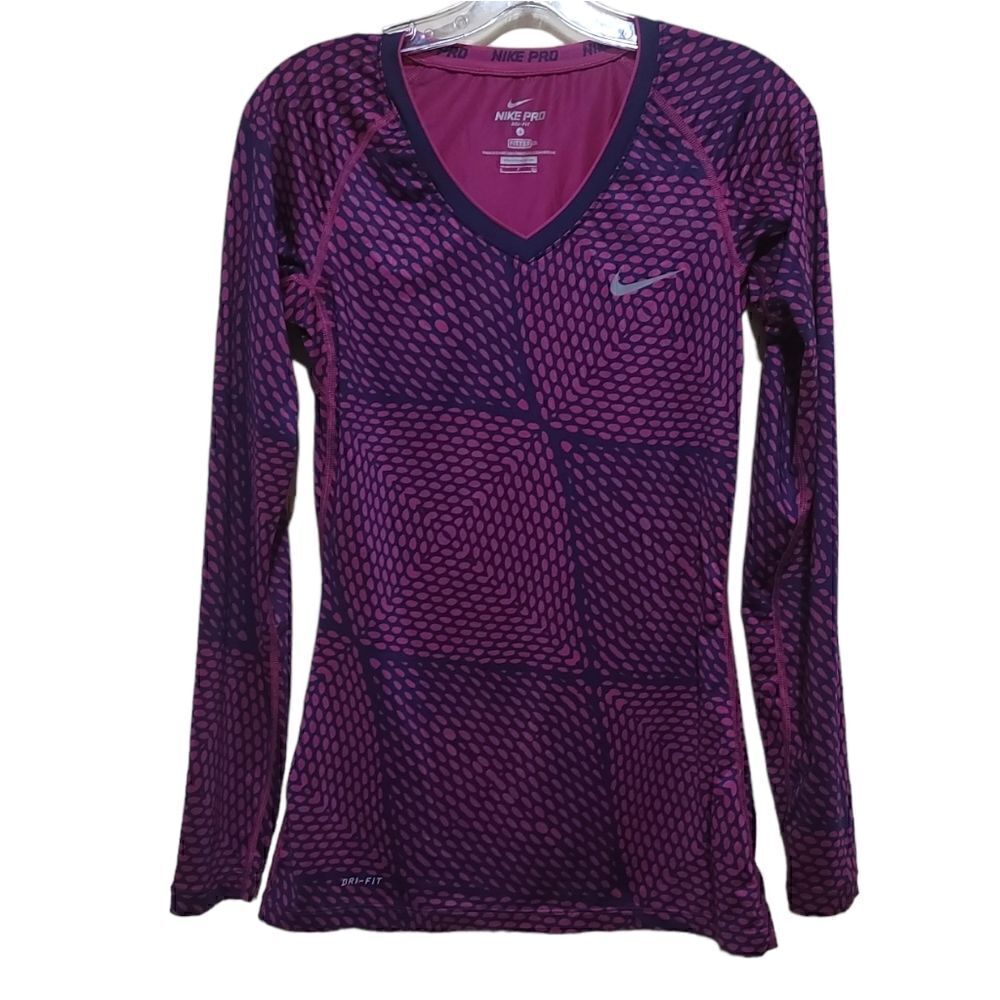 NIKE Women’s Pro Dri Fit Long Sleeve Pink and Purple Fitted Top Size: Small